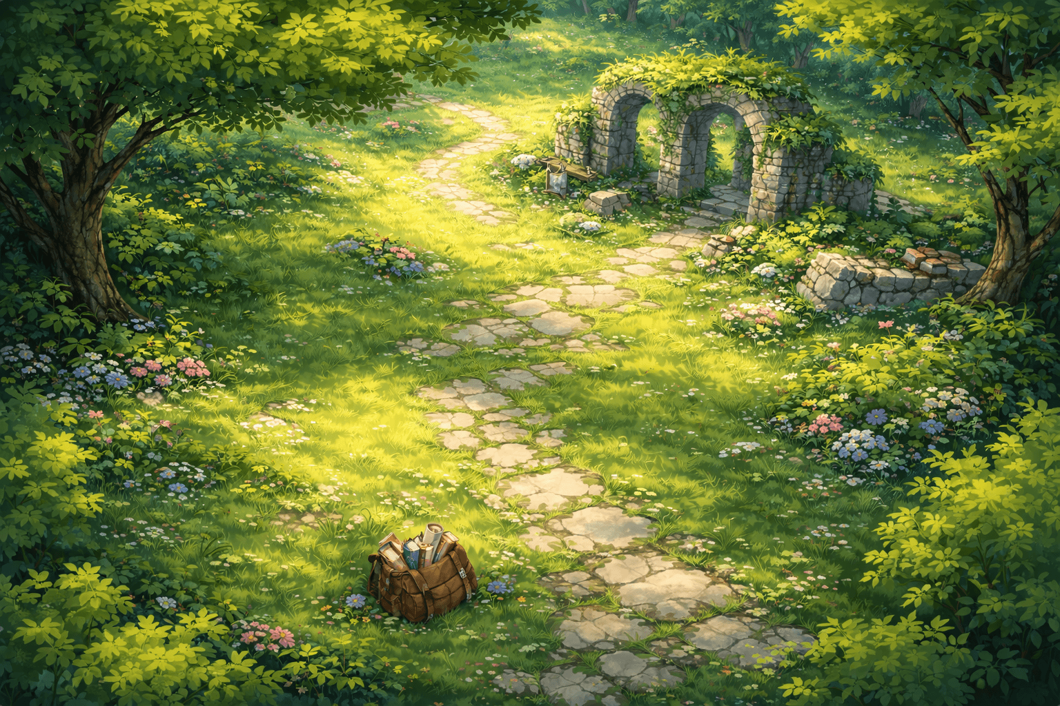 Fantasy forest path leading to ivy-covered ruins